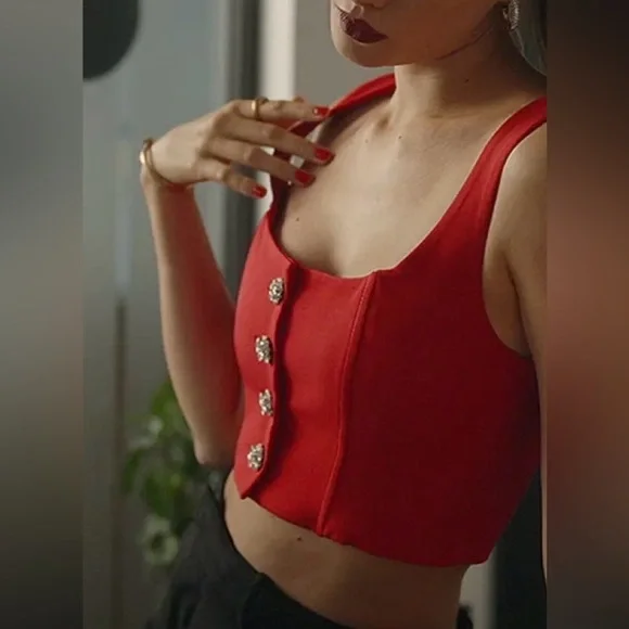 ZARA Red Rhinestone Button Corset Crop Top Bustier Tank Size S BNWT - Picture 2 of 5
